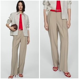 Mango Beige Wide-Leg Pants with Red Top and Accessories